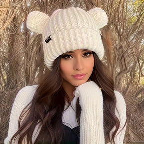 Beanie : Gebreide Muts Kattenoortjes Dames Zwart - Schattig Winter - Acryl in Wit van Pantino