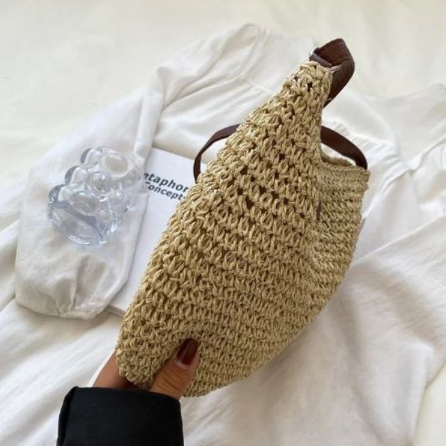 bags : Handgeweven Schoudertas Dames Khaki - Leren Band Bohemian - Stro in van Pantino