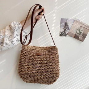 bags : Handgeweven Schoudertas Dames Khaki - Leren Band Bohemian - Stro in van Pantino
