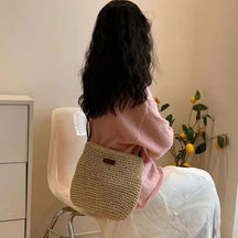 bags : Handgeweven Schoudertas Dames Khaki - Leren Band Bohemian - Stro in Beige van Pantino