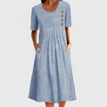 Dames Midi Jurk met Strepen en Knoopdetails - Comfortabele Pasvorm