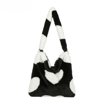 Tassen : Trendy Pluche Tas Dames - Luipaard Print - Zachte Pluche Schoudertas in Zwart Hart van Pantino