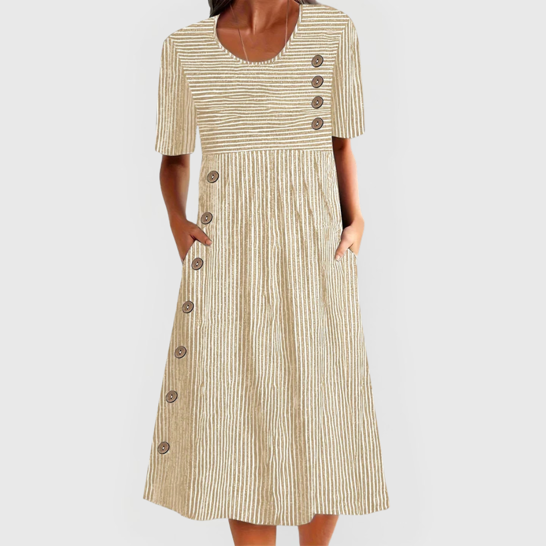 Damesjur : Dames Midi Jurk met Strepen en Knoopdetails - Comfortabele Pasvorm in Beige van Pantinoshop