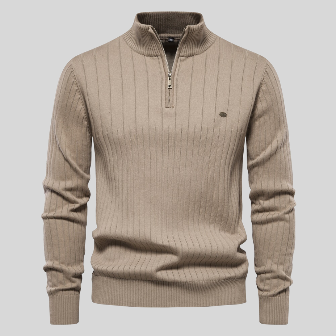 Men's Ribbed Cotton Sweater : Sweater Heren Blauw - Geribbelde Katoenen Herensweater in Khaki van Pantino