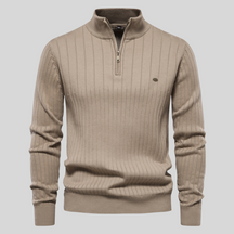 Men's Ribbed Cotton Sweater : Sweater Heren Blauw - Geribbelde Katoenen Herensweater in Khaki van Pantino