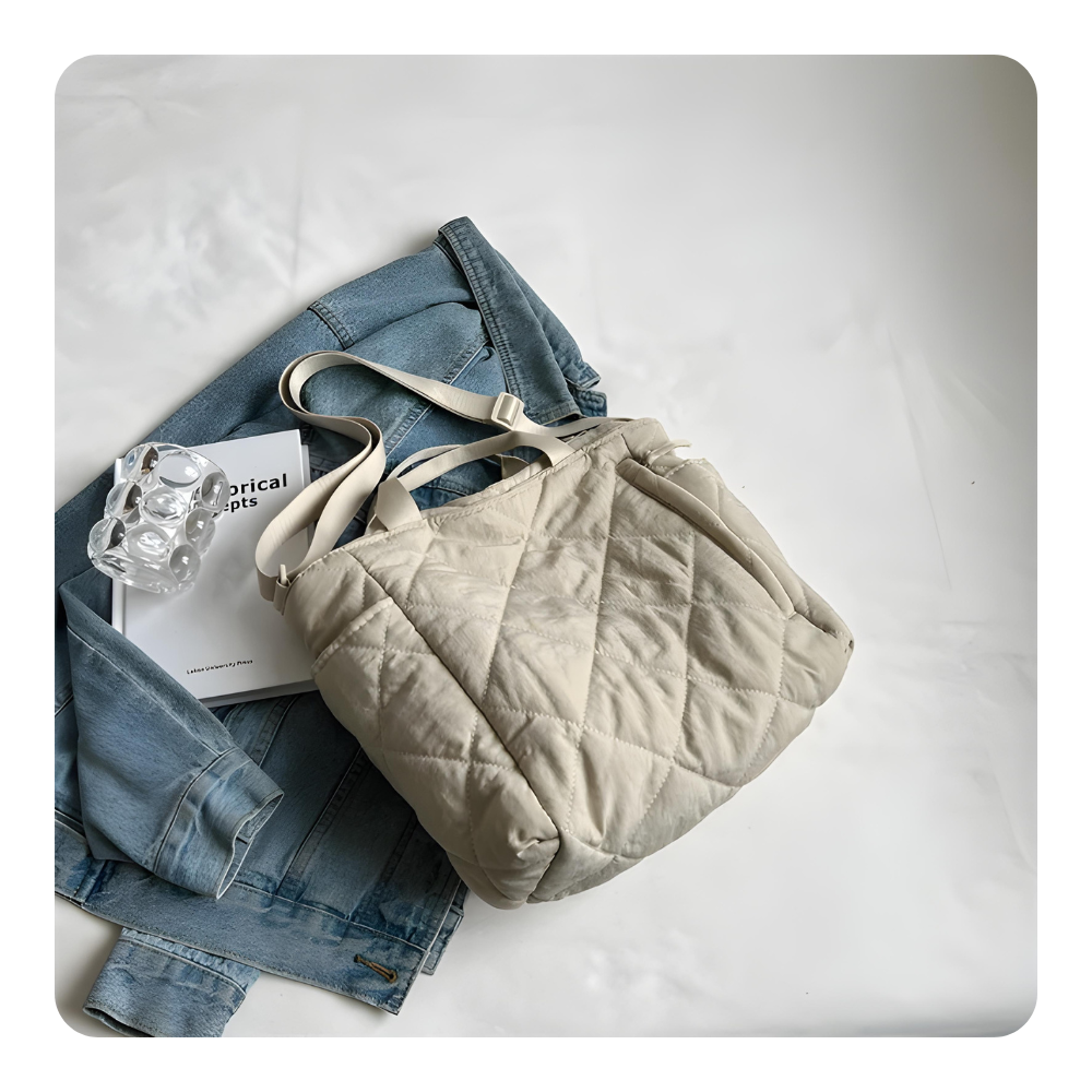 Tassen : Gewatteerde Tote Bag Dames - Nylon Schoudertas - Verstelbare Riem in Beige van Pantino