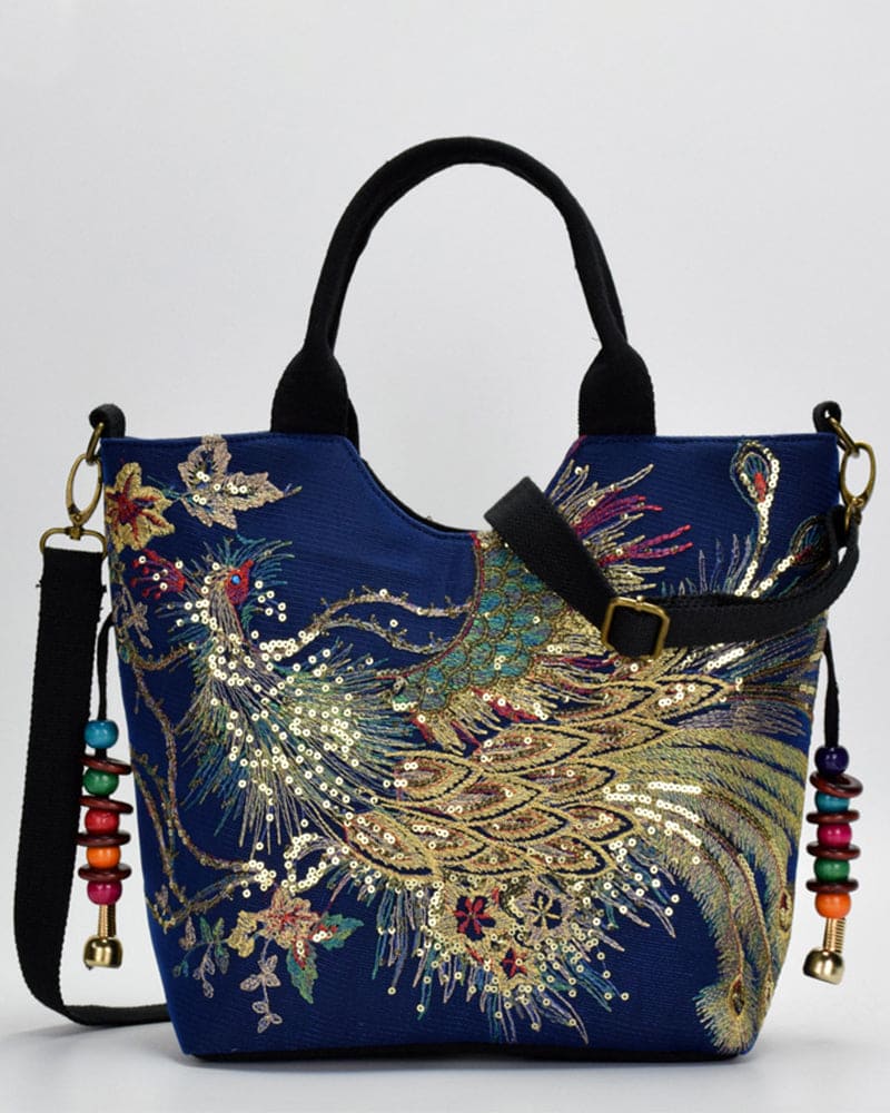 bags : Tas met Etnische Stijl en Pauwenborduurwerk - Blauw in Blauw Crossbody zak van Pantino