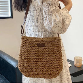 bags : Handgeweven Schoudertas Dames Khaki - Leren Band Bohemian - Stro in Khaki van Pantino