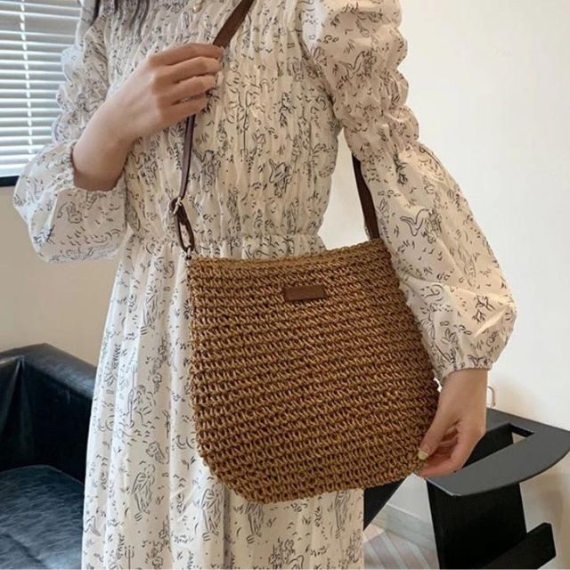 bags : Handgeweven Schoudertas Dames Khaki - Leren Band Bohemian - Stro in van Pantino