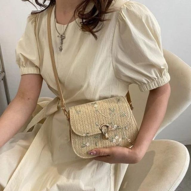 bags : Geborduurde Stro Schoudertas Dames Khaki - Handgemaakt Bloemen - Stro in Khaki van Pantino
