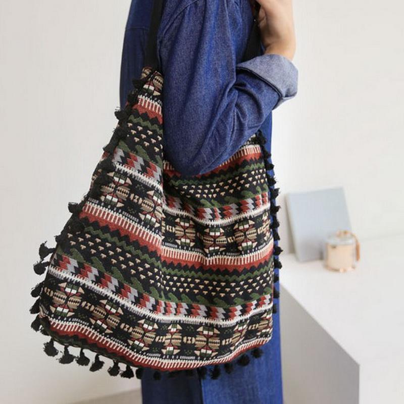 bags : Geometrische Tas met Kwastjes - Zomer Chic - Blauw in Groen van Pantino