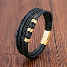 Bracelet : Heren Leren Armband Zwart Gevlochten - Multilayer & Stijlvol Design in Beads Gold 20.5cm van Pantino