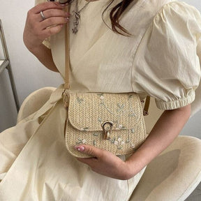 bags : Geborduurde Stro Schoudertas Dames Khaki - Handgemaakt Bloemen - Stro in van Pantino