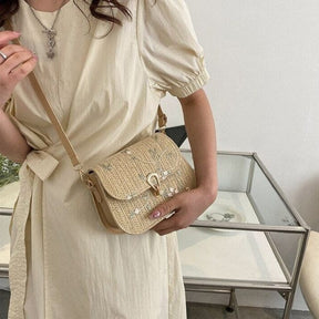 bags : Geborduurde Stro Schoudertas Dames Khaki - Handgemaakt Bloemen - Stro in van Pantino