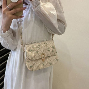 bags : Geborduurde Stro Schoudertas Dames Khaki - Handgemaakt Bloemen - Stro in van Pantino
