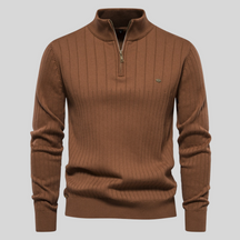 Men's Ribbed Cotton Sweater : Sweater Heren Blauw - Geribbelde Katoenen Herensweater in Bruin van Pantino