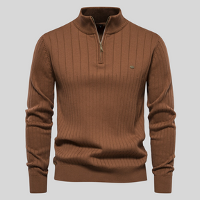 Men's Ribbed Cotton Sweater : Sweater Heren Blauw - Geribbelde Katoenen Herensweater in Bruin van Pantino
