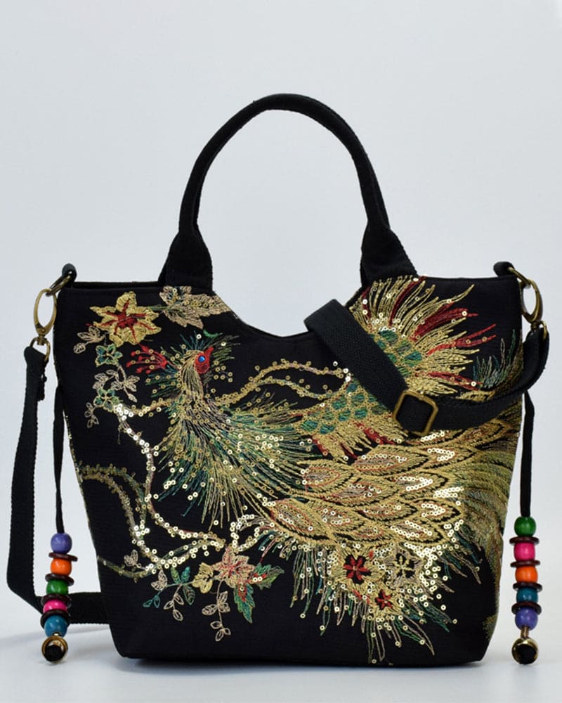 bags : Tas met Etnische Stijl en Pauwenborduurwerk - Blauw in Zwart Crossbody zak van Pantino