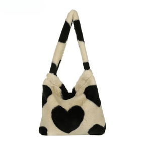 Tassen : Trendy Pluche Tas Dames - Luipaard Print - Zachte Pluche Schoudertas in Bruin Hart van Pantino