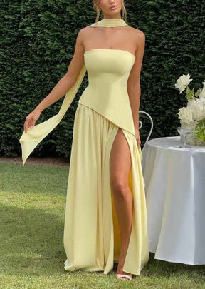 Maxi Dress : Robe longue fluide fendue femme - Élégante, confortable, sans bretelles avec ruban in van Pantino