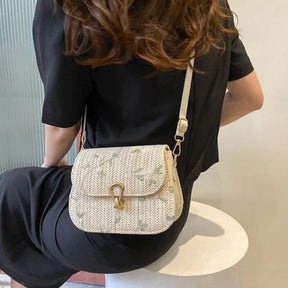 bags : Geborduurde Stro Schoudertas Dames Khaki - Handgemaakt Bloemen - Stro in van Pantino