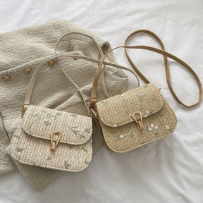bags : Geborduurde Stro Schoudertas Dames Khaki - Handgemaakt Bloemen - Stro in van Pantino