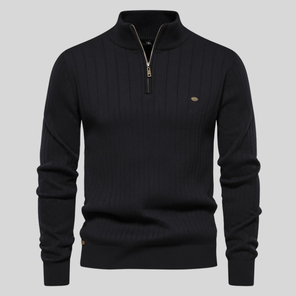 Men's Ribbed Cotton Sweater : Sweater Heren Blauw - Geribbelde Katoenen Herensweater in Zwart van Pantino