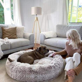 pets : FluffyBed Donutbed Pluche – Rond Hondenkussen – Wasbaar in Grijs met kleurverloop (bijna uitverkocht) van Pantino