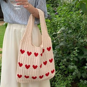 bags : Gebreide Strandtas Dames Blauw - Chique Hartjespatroon - Wol in van Pantino