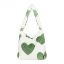 Tassen : Trendy Pluche Tas Dames - Luipaard Print - Zachte Pluche Schoudertas in Groen Hart van Pantino