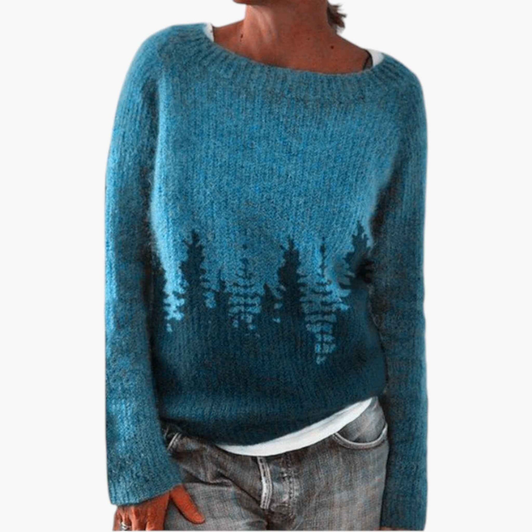 Truien : Esprit Vintage Retro Trui voor een Unieke Look - Blauw/bomen in van Pantino