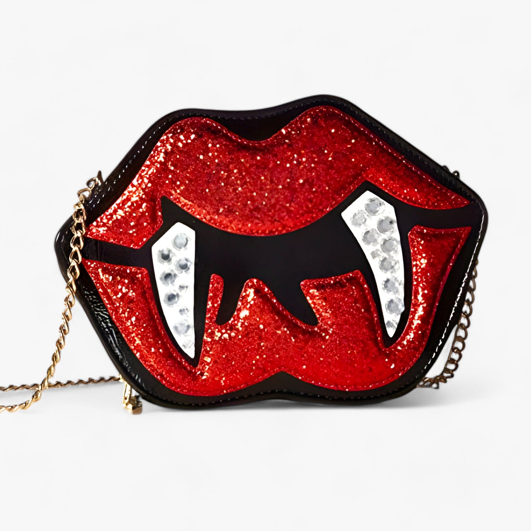 bags : Gothische Schoudertas Grappige Tand Lip - Glanzende PU Leren Tas voor Halloween - Zwart in Zwart van Pantino