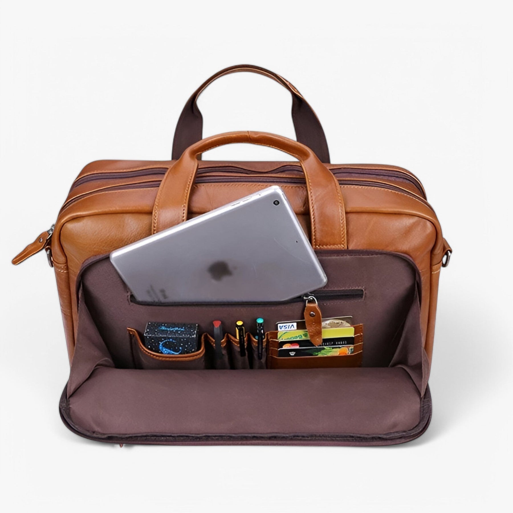 bags : Leren Laptoptas met Schouderband Leder - Bruin in van Pantino