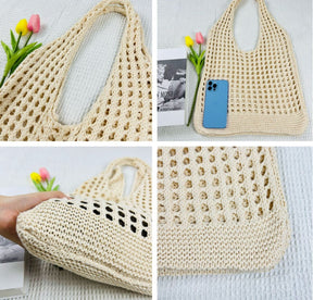 bags : Gebreide Strand Tote Bag Khaki - Ruime Holle Schoudertas voor Dames in van Pantino