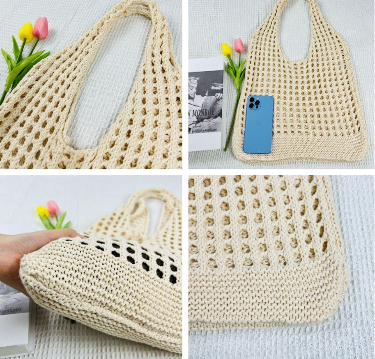 bags : Gebreide Strand Tote Bag Khaki - Ruime Holle Schoudertas voor Dames in van Pantino