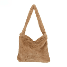 Tassen : Trendy Pluche Tas Dames - Luipaard Print - Zachte Pluche Schoudertas in Khaki van Pantino
