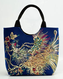 bags : Tas met Etnische Stijl en Pauwenborduurwerk - Blauw in Blauw Eenvoudige en draagbare tas van Pantino