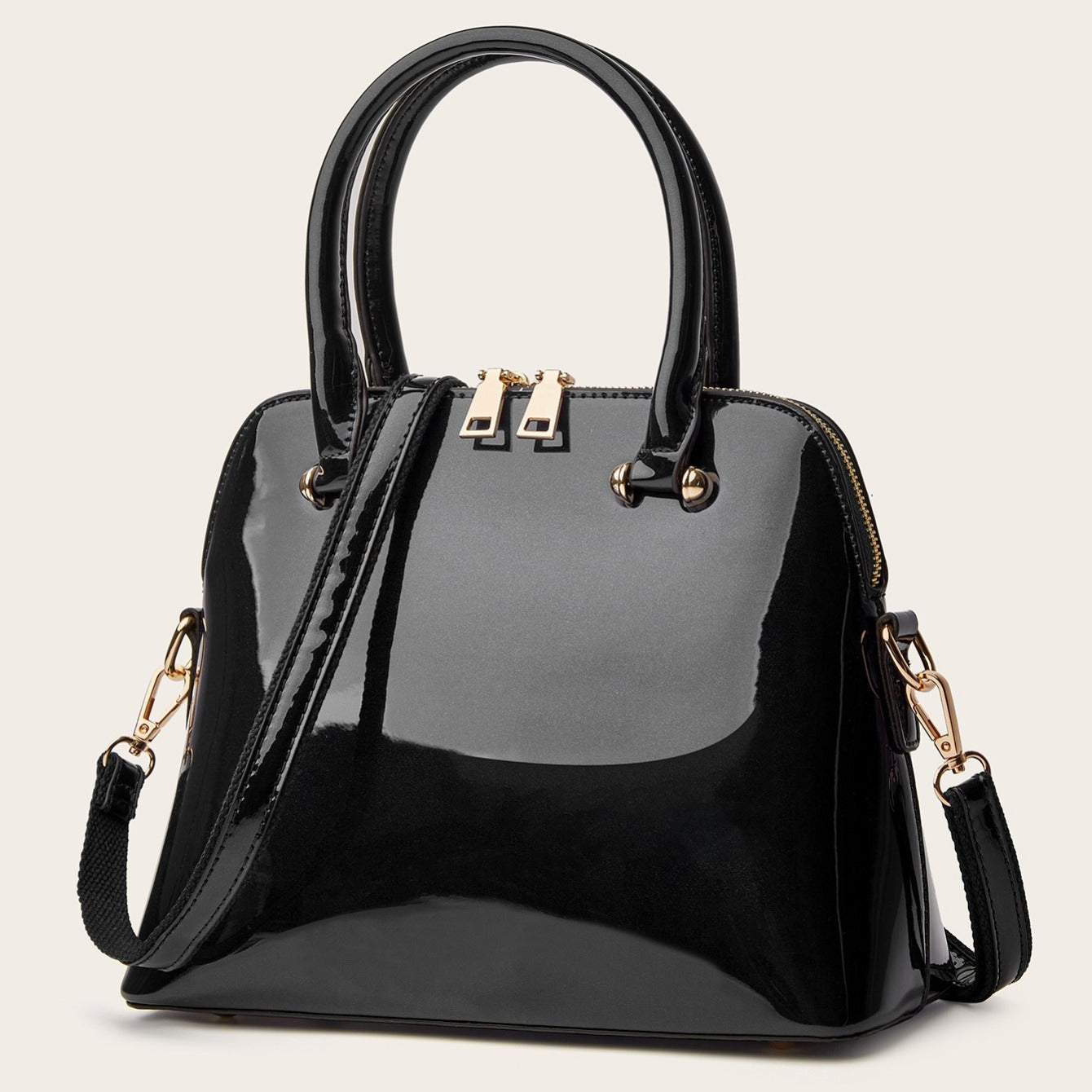 bags : Chique Glanzende Tas met Rits - Praktisch en Elegant voor Elke Dag - Zwart in Zwart van Pantino
