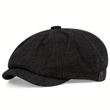 Flat Cap : Baret Heren Zwart - Retro Pet met Acht Stofpanden in Visgraattweed, Casual Gestreepte in Zwart 1 van Pantino