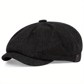 Flat Cap : Baret Heren Zwart - Retro Pet met Acht Stofpanden in Visgraattweed, Casual Gestreepte in Zwart 1 van Pantino