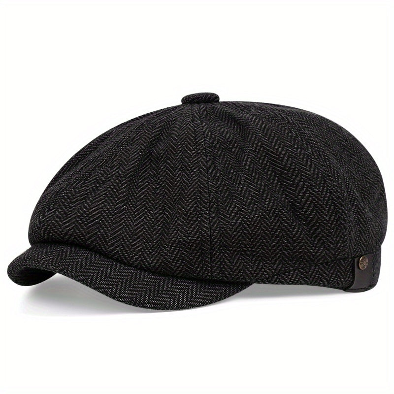 Flat Cap : Baret Heren Zwart - Retro Pet met Acht Stofpanden in Visgraattweed, Casual Gestreepte in Zwart 1 van Pantino