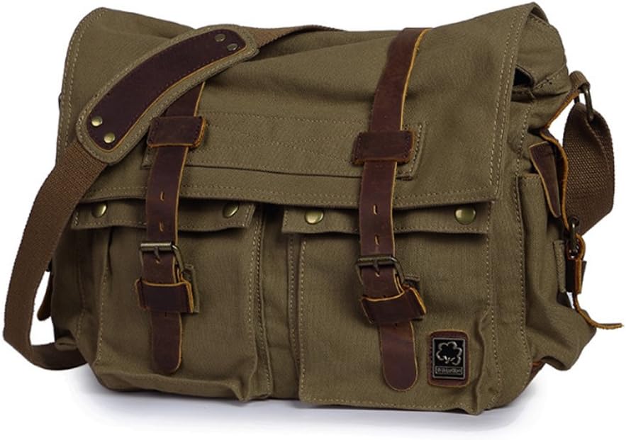 bags : Laptoptas Heren 15.6 inch - Vintage Groen Canvas Messenger Bag Militaire Stijl in van Pantino