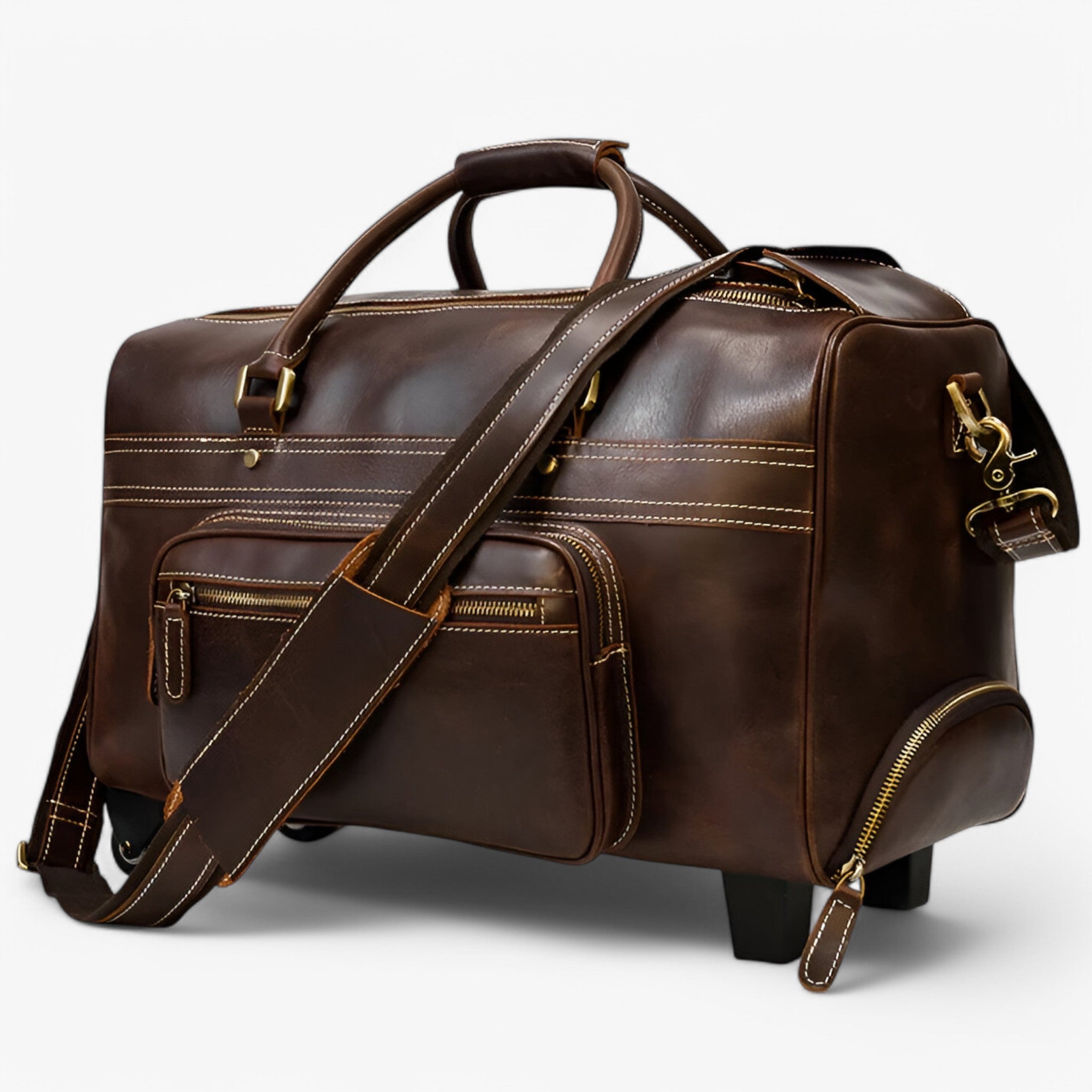 Vintage Bruine Leren Reistrolley, Handbagage Heren/Dames, Cabine/Groot