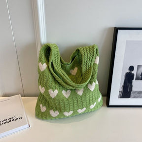 bags : Gebreide Strandtas Dames Blauw - Chique Hartjespatroon - Wol in van Pantino