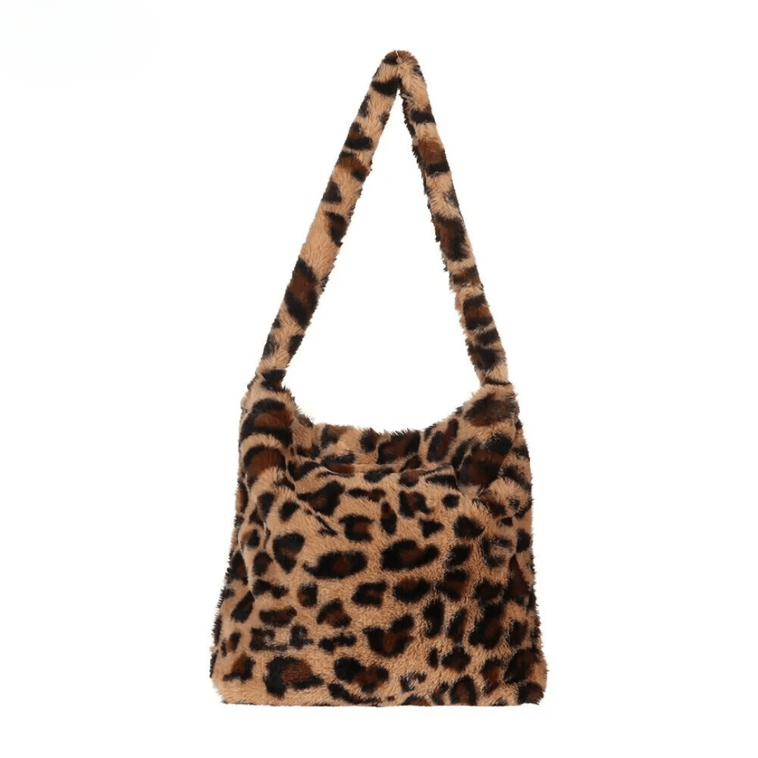 Tassen : Trendy Pluche Tas Dames - Luipaard Print - Zachte Pluche Schoudertas in van Pantino