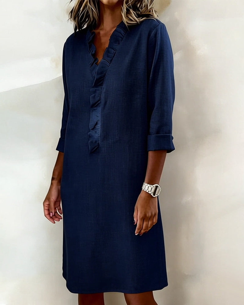 Jurken : Jurk Dames - Casual Katoen-Linnen met V-halslijn & Ruches in van Pantinoshop
