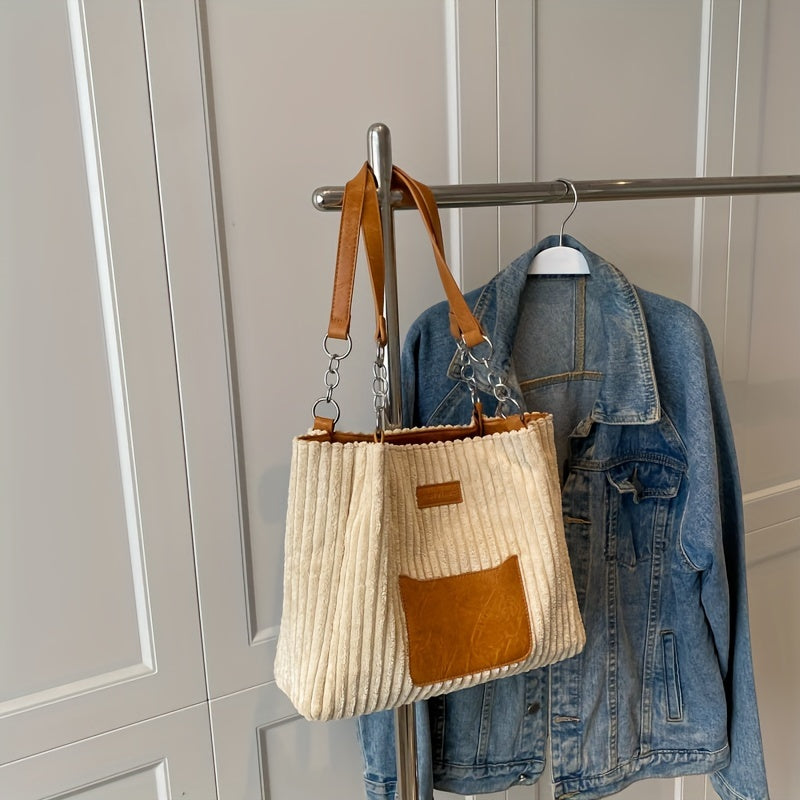 bags : S.f.y. - Modieuze Corduroy Kettingtas - Khaki in Twee Geelbruin van Pantino