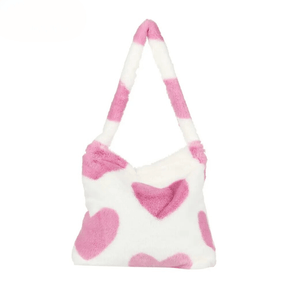 Tassen : Trendy Pluche Tas Dames - Luipaard Print - Zachte Pluche Schoudertas in Roze Hart van Pantino