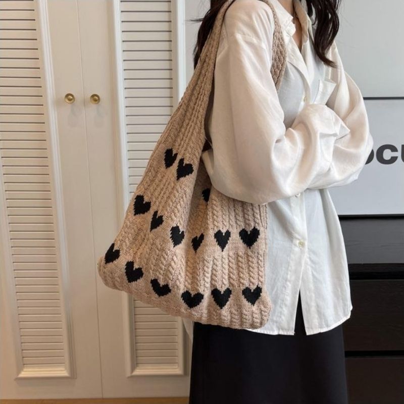 bags : Gebreide Strandtas Dames Blauw - Chique Hartjespatroon - Wol in Braun van Pantino