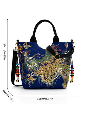 bags : Tas met Etnische Stijl en Pauwenborduurwerk - Blauw in van Pantino